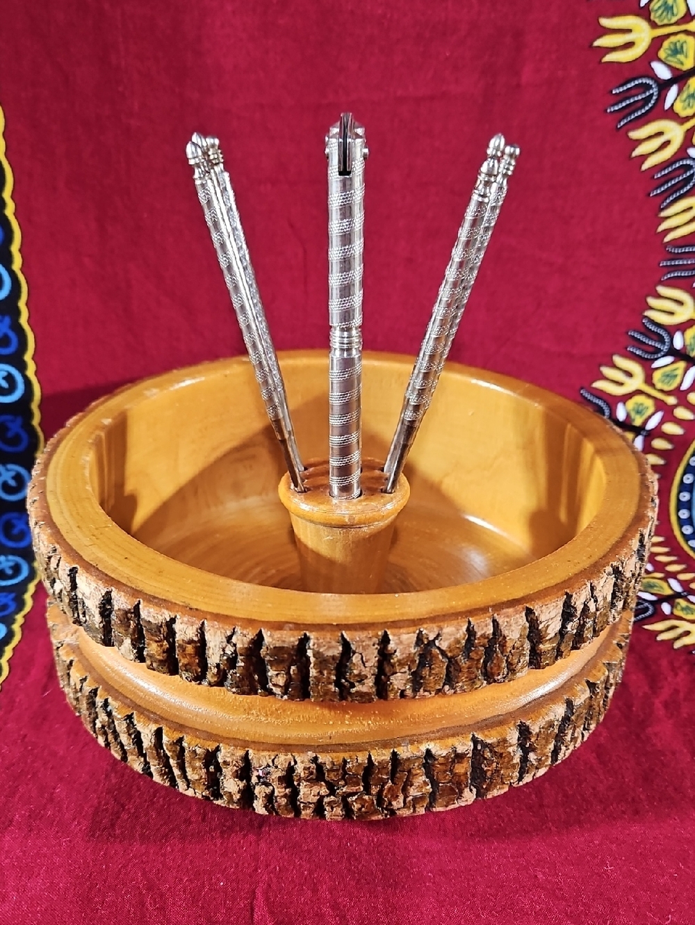 Gorgeous XL Vintage Rustic Live Edge Nut Bowl with Nutcracker and 6 Picks